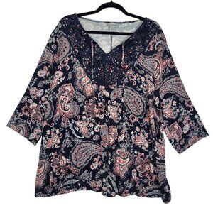 Catherine's Crochet Blouse Top Women's 1X Blue Floral Tasseled Comfort‎ Boho